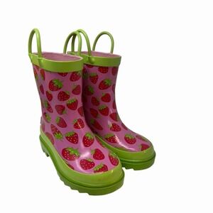 Blue Mountain Kids Strawberry Print Pink Lime Green Rubber Rain Boots BM230 13/1